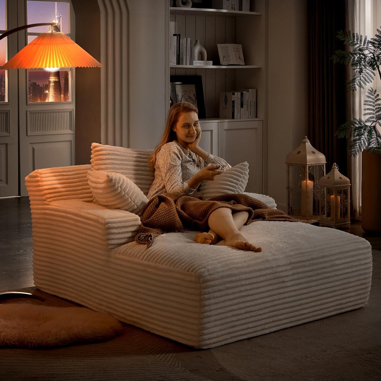 50" Oversized Chaise Lounge Sofa Chair Indoor, Modern Corduroy Sleeper Sofa Cloud Couch with 3 Soft Pillows, Comfy Single Seat Floor Chair for Living Room Apartment Office (White)-4