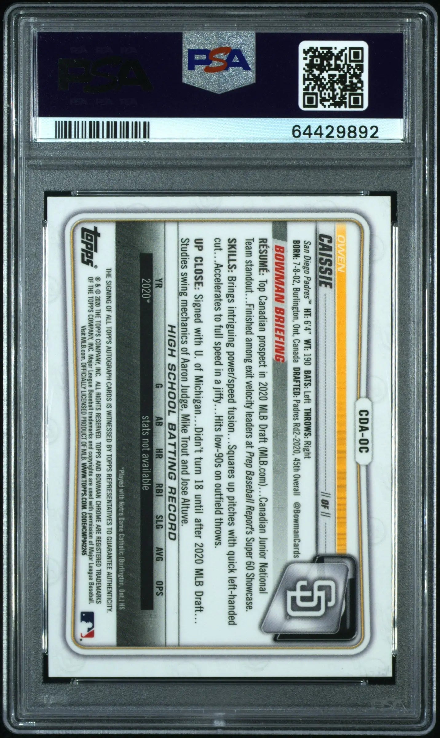 PSA-graded Owen Caissie 2020 Bowman Draft Chrome Auto in protective case with QR code