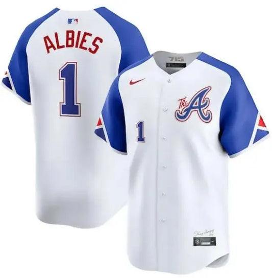 White and blue Atlanta Braves Nike City Connect limited baseball jersey featuring Ozzie Albies