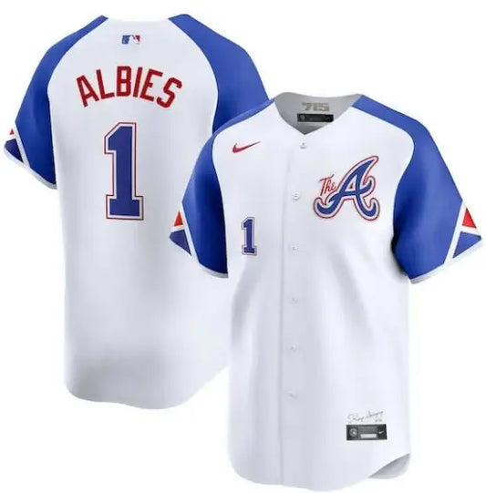White and blue Ozzie Albies Atlanta Braves Nike City Connect limited player jersey