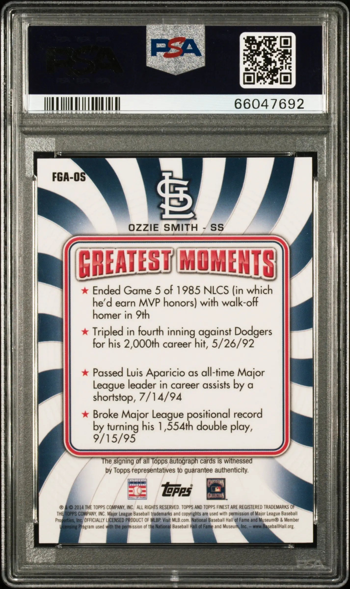 PSA-graded Ozzie Smith 2014 Finest Greats Red Refractor Auto card showcasing 1995 MLB stats
