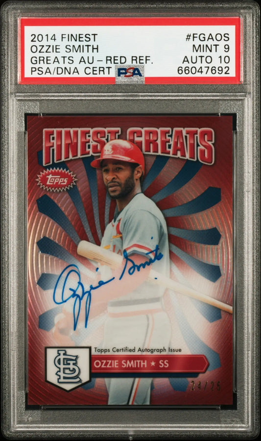 PSA-graded Ozzie Smith 2014 Finest Greats Red Refractor Auto #24/25 card displayed