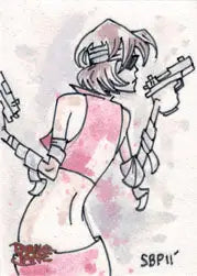 Anime-style sketch card of a woman with guns by Spencer Platt for trading cards