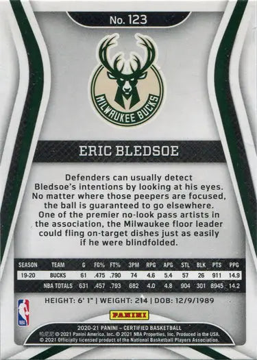 Eric Bledsoe Milwaukee Bucks Panini Certified 2020-21 Base Card trading card image