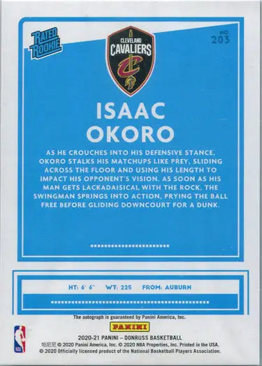 Basketball trading card of Isaac Okoro featuring blue laser design from Panini Donruss 2020-21
