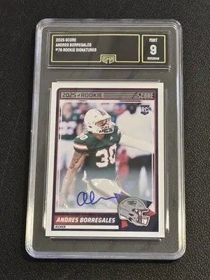 Graded 2025 Andres Borregales rookie football card with gem mint 9 grade in Panini lot