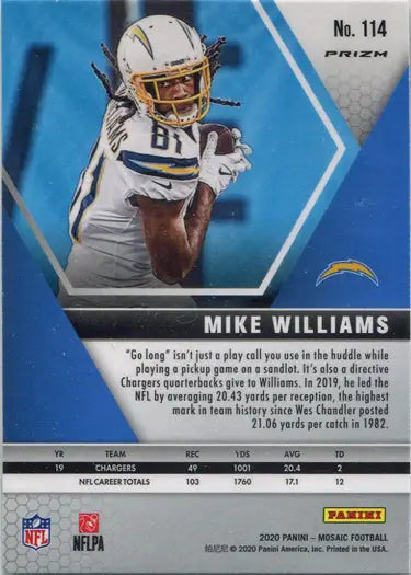 Football trading card of Mike Williams in white uniform, Rainbow Prizm Parallel