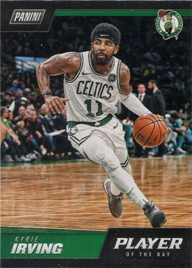 Basketball player in white Celtics jersey dribbling ball for Panini Player trading card