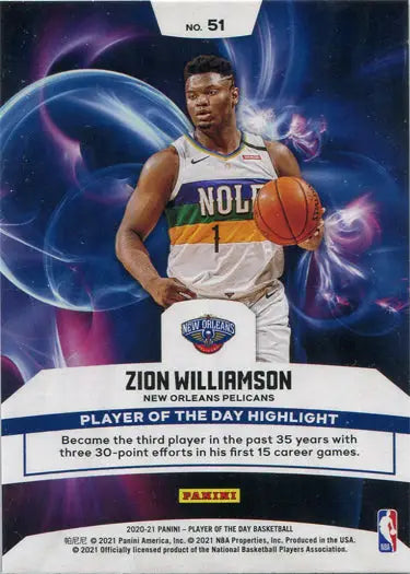 Basketball trading card of Zion Williamson from Panini Player of the Day base card series