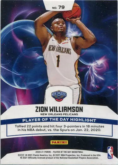 Basketball trading card featuring Zion Williamson in New Orleans Pelicans jersey shooting