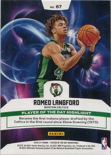 Basketball trading card of Celtics’ Romeo Langford in shooting pose with colorful swirls