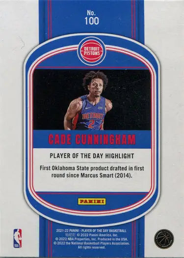 Basketball trading card of Cade Cunningham in blue jersey from Panini Player of the Day