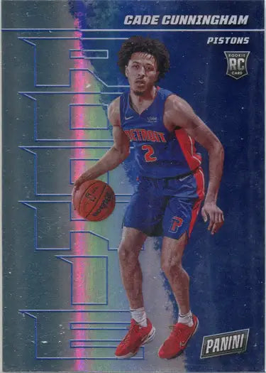 Basketball trading card of Cade Cunningham in blue uniform, Panini Rainbow Parallel