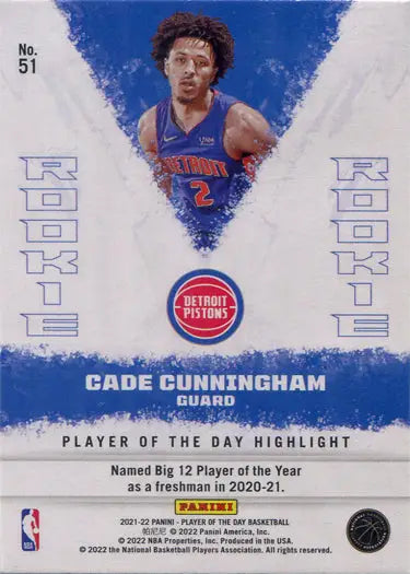 Basketball trading card of Cade Cunningham in blue jersey number 2, rainbow parallel