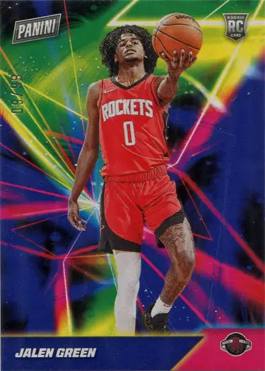 Basketball rookie insert card of Jalen Green in Houston Rockets uniform holding a ball