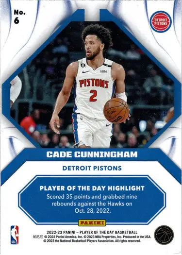 Basketball trading card of Cade Cunningham in a white jersey, orange foil parallel