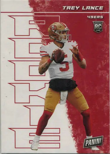 Football trading card of San Francisco 49ers quarterback Trey Lance in throwing stance