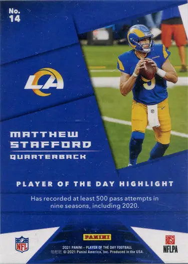 Matthew Stafford Football trading card in blue and yellow, a silver parallel collectible