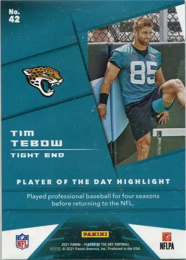 Football trading card of Tim Tebow, Jacksonville Jaguars, silver parallel, Panini 2021