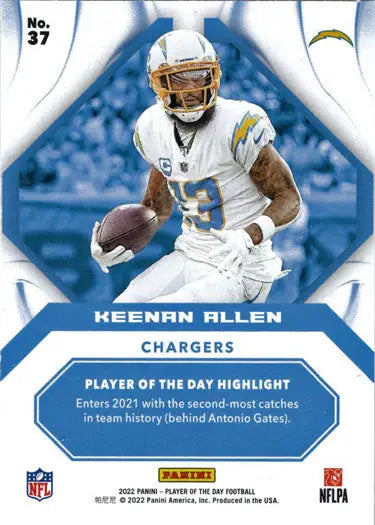 Football trading card of Keenan Allen in white uniform, showcasing a foil parallel design