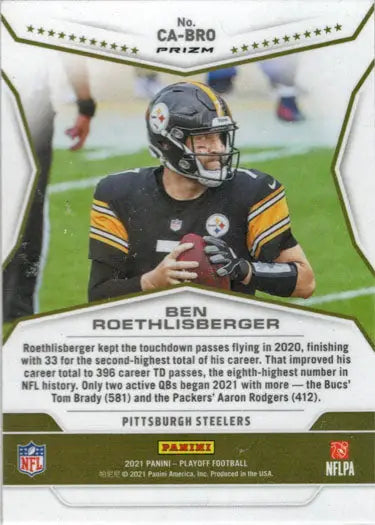 Football trading card of Ben Roethlisberger in action, featuring a Purple Prizm Insert
