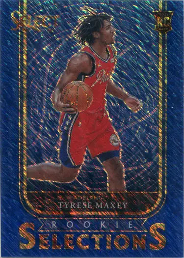 Basketball trading card of T. Maxey in red uniform for Rookie Selections Blue Shimmer