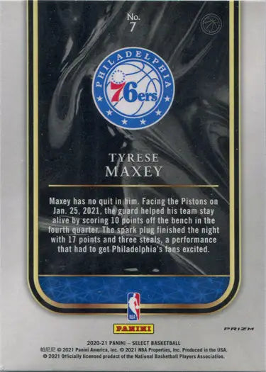Basketball trading card of Tyrese Maxey featuring Philadelphia 76ers logo and Rookie Selections Blue shimmer