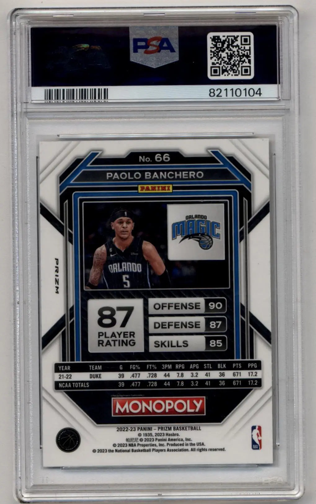 Graded Paolo Banchero Monopoly Black Prizm basketball card PSA 10 Gem Mint