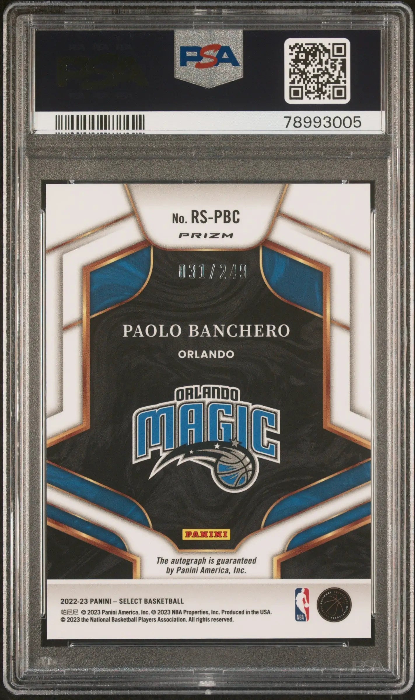 PSA-graded Paolo Banchero 2022 Select Rookie Signatures basketball card in blue and black