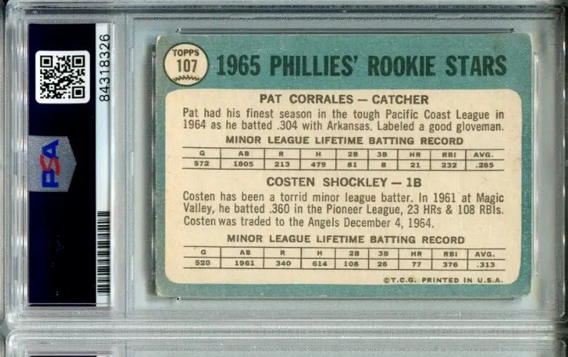 1965 Topps Phillies Rookie Stars baseball card Pat Corrales Costen Shockley PSA/DNA