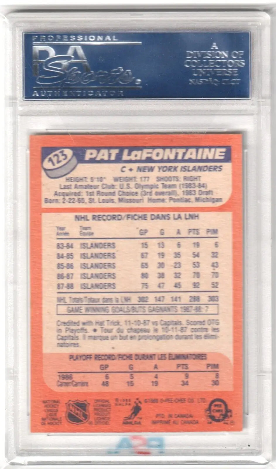 Graded Pat LaFontaine 1988-89 O-Pee-Chee hockey card from Columbia Hobby eBay store