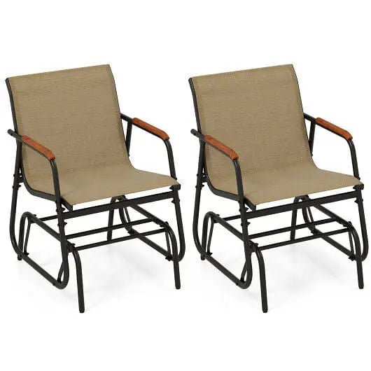 Patio Glider Chair Set of 2 with Curved Teak Armrests and Breathable Fabric Seat-Brown - Color:Brown - Patio Glider