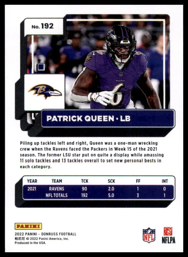 Patrick Queen football card from 2022 Donruss series featuring Baltimore Ravens player