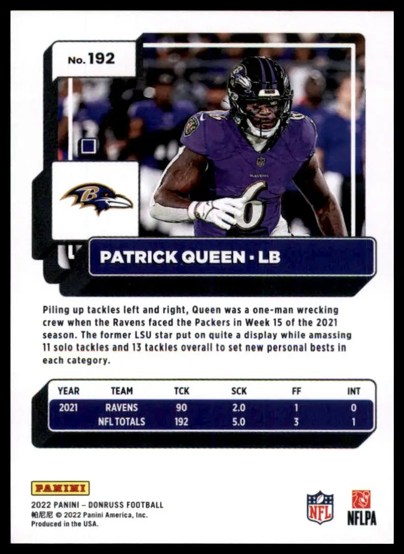 Patrick Queen football card from 2022 Donruss series featuring Baltimore Ravens player