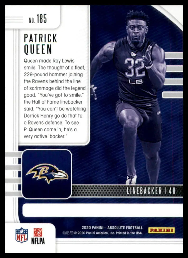 Patrick Queen rookie card from 2020 Panini Absolute Football product featuring Baltimore Ravens