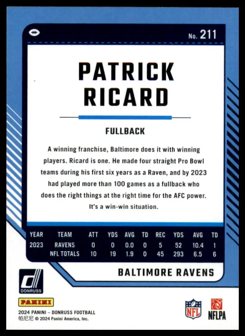 Patrick Ricard football card from 2024 Donruss series for Baltimore Ravens collection