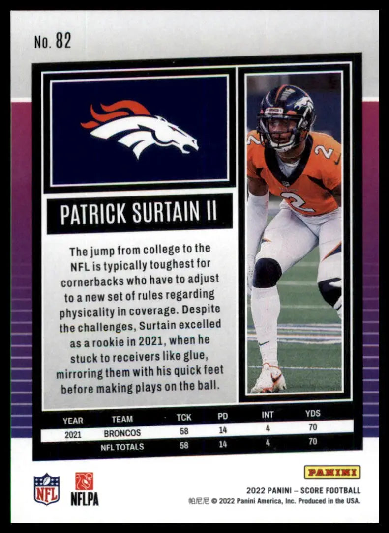 Patrick Surtain II football card from 2022 Score series displayed in Denver Broncos product