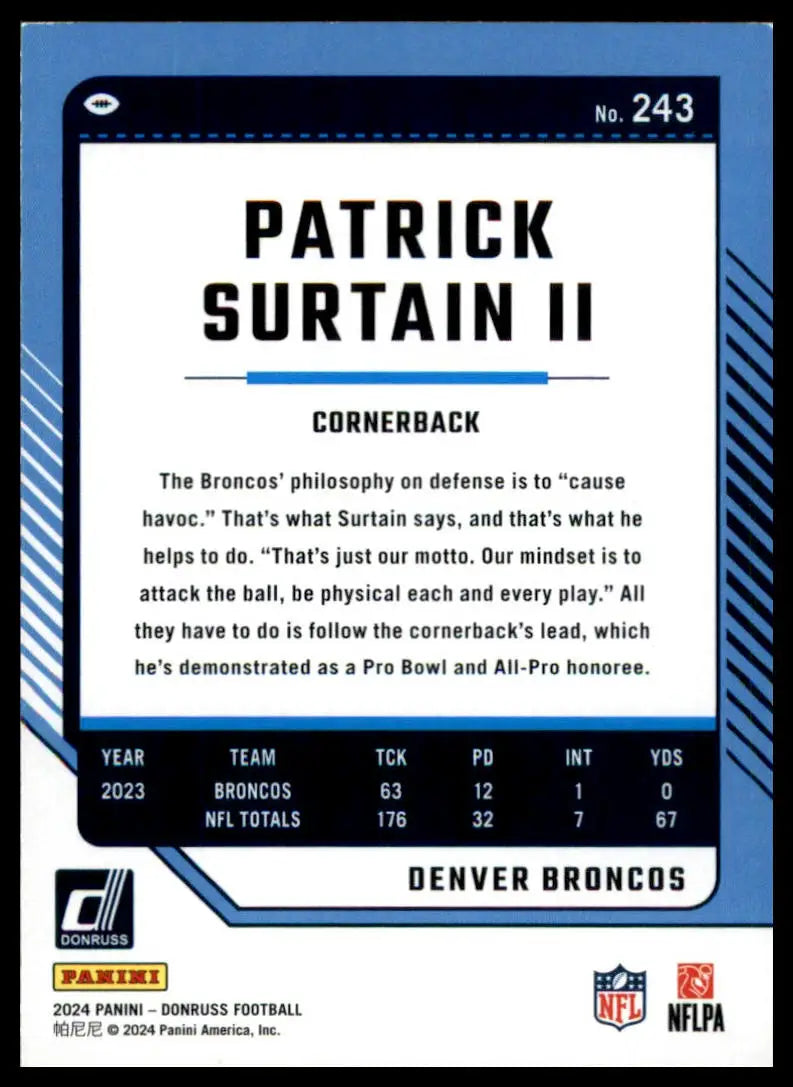 Patrick Surtain II football card from 2024 Donruss Denver Broncos series