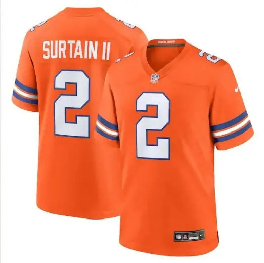 Orange NFL Patrick Surtain II Denver Broncos jersey with number 2 and Surtain II on back