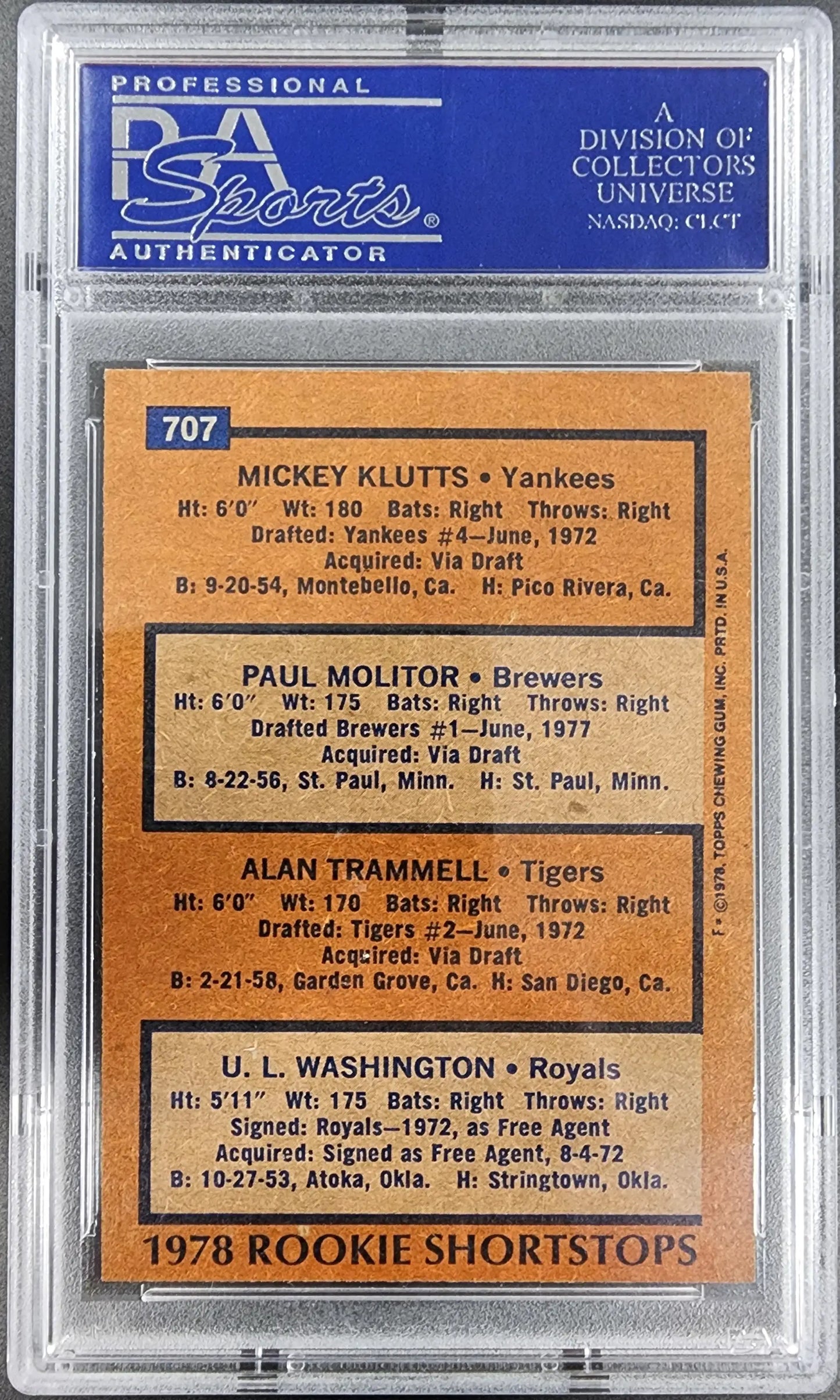 PSA-graded trading card featuring Paul Molitor and Alan Trammell from 1978 Topps #707