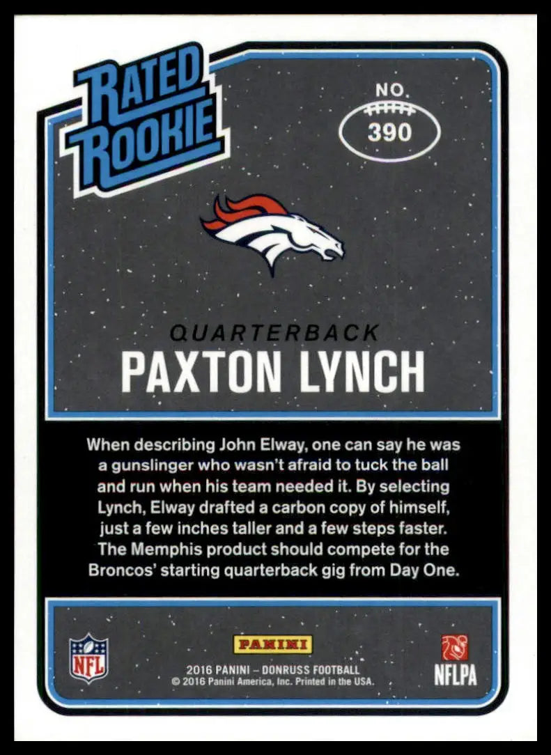 A Rated Rookie football trading card featuring Paxton Lynch as Denver Broncos quarterback