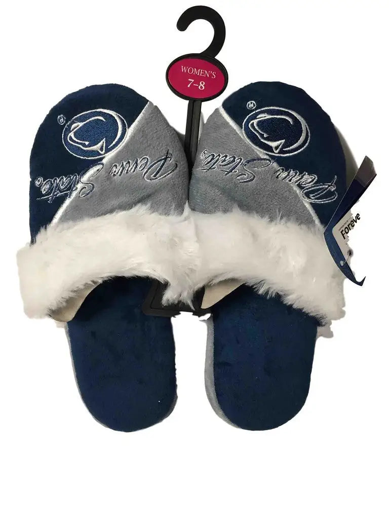 Blue and white fuzzy Penn State Nittany Lions slippers in cursive colorblock design