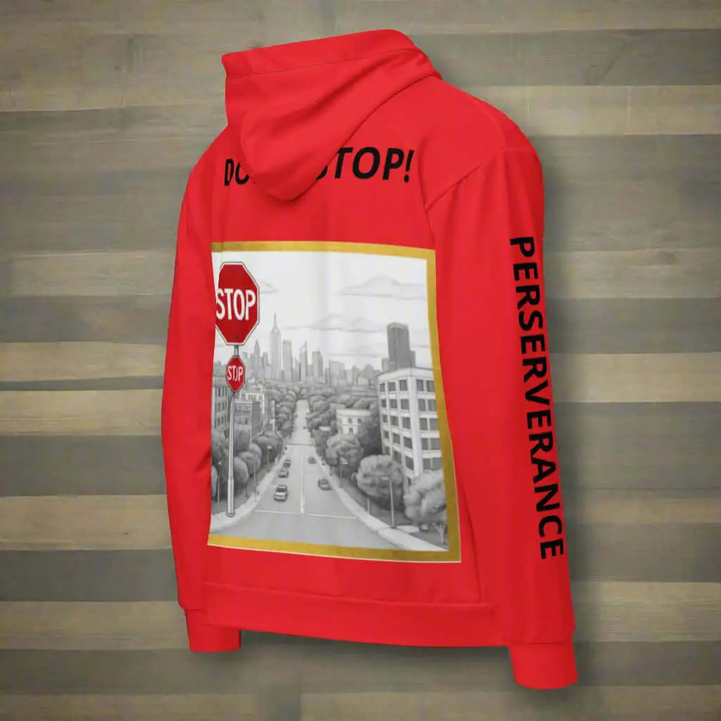 Red hooded sweatshirt with cityscape graphic and STOP signs, ideal unisex zip hoodie for product safety