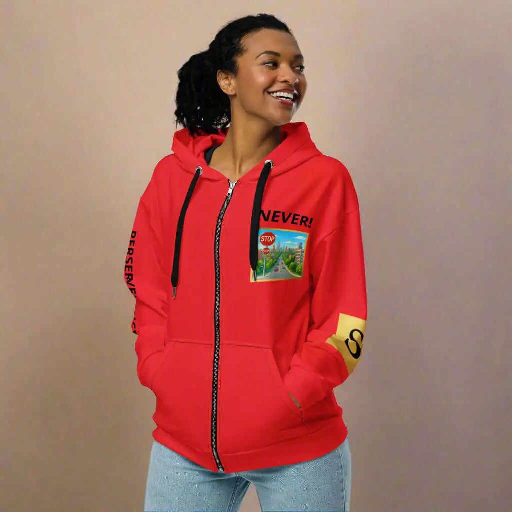 Woman wearing a red unisex zip hoodie with graphic design, perfect for casual wear