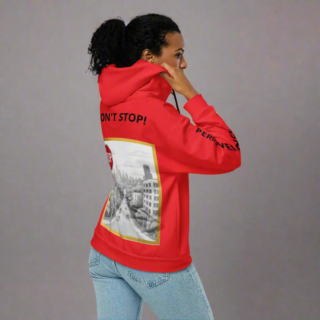 Red unisex zip hoodie with cityscape graphic on the back from PERSEVERANCE collection
