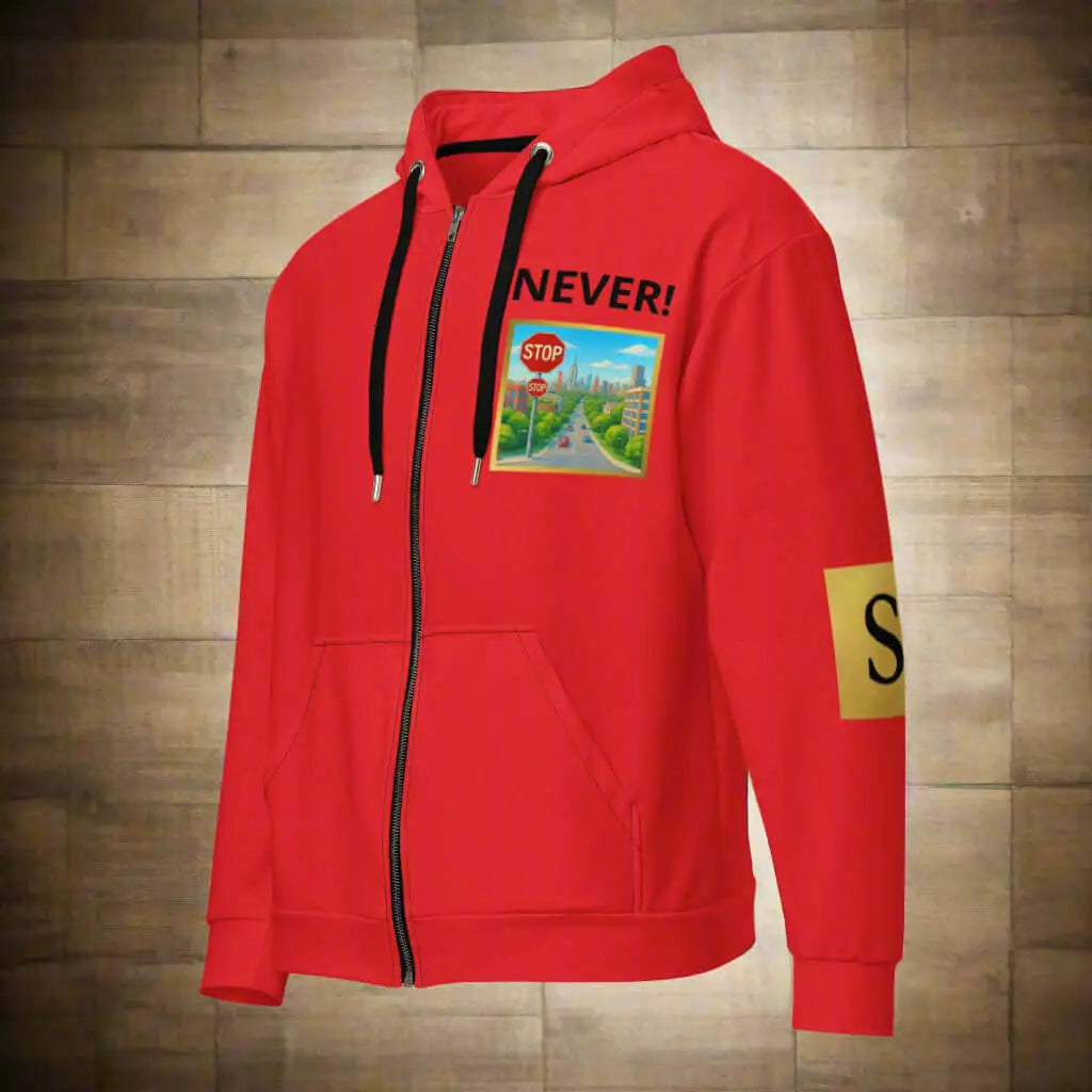 Red unisex zip hoodie with city street graphic and stop sign, perfect for product safety
