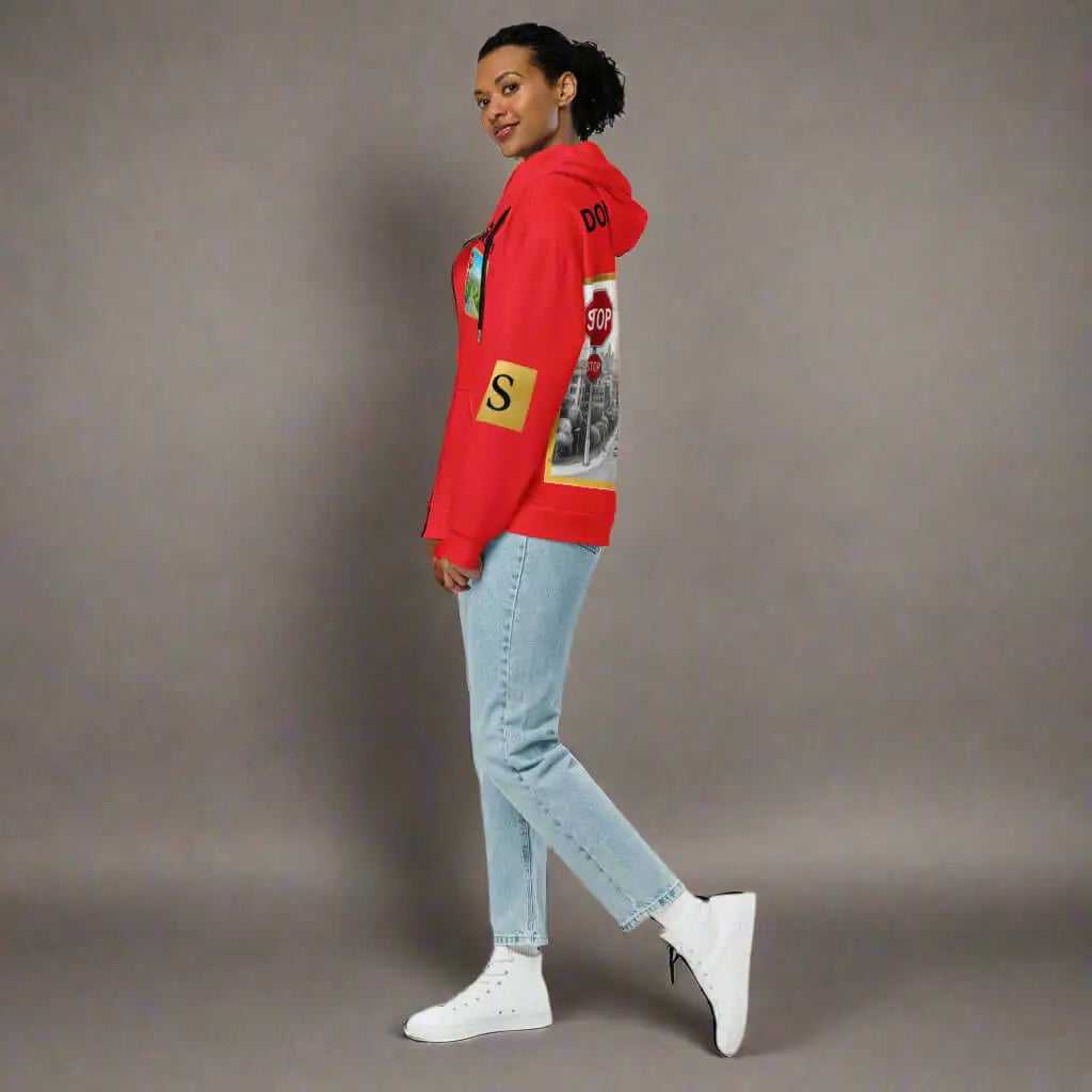 Unisex zip hoodie with red color, light blue jeans, and white sneakers display