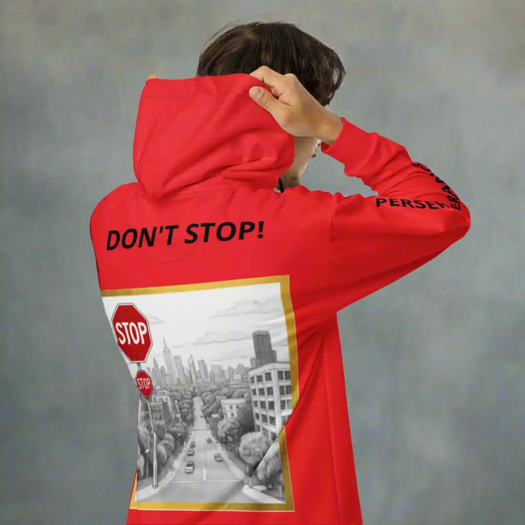 Red unisex zip hoodie with cityscape graphic and Dont Stop! text for product safety