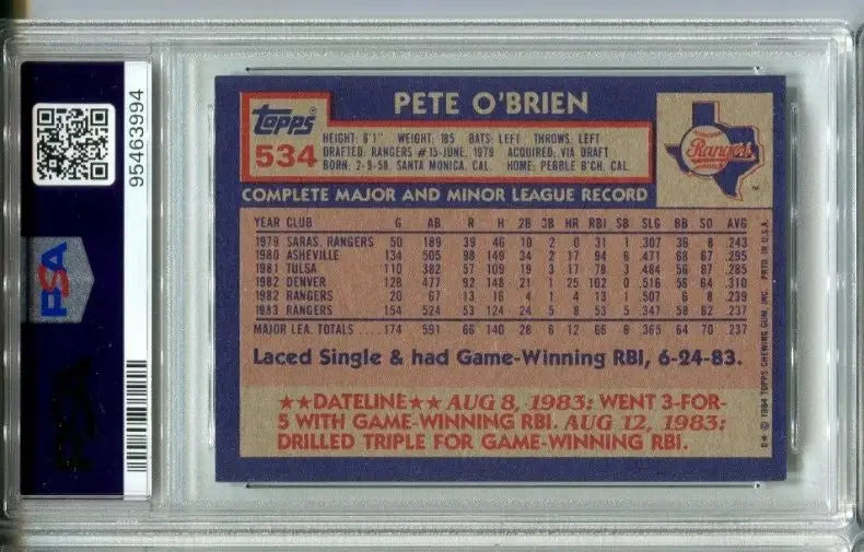 Graded Pete O’Brien baseball card from 1984 Topps, a must-have for trading cards collectors