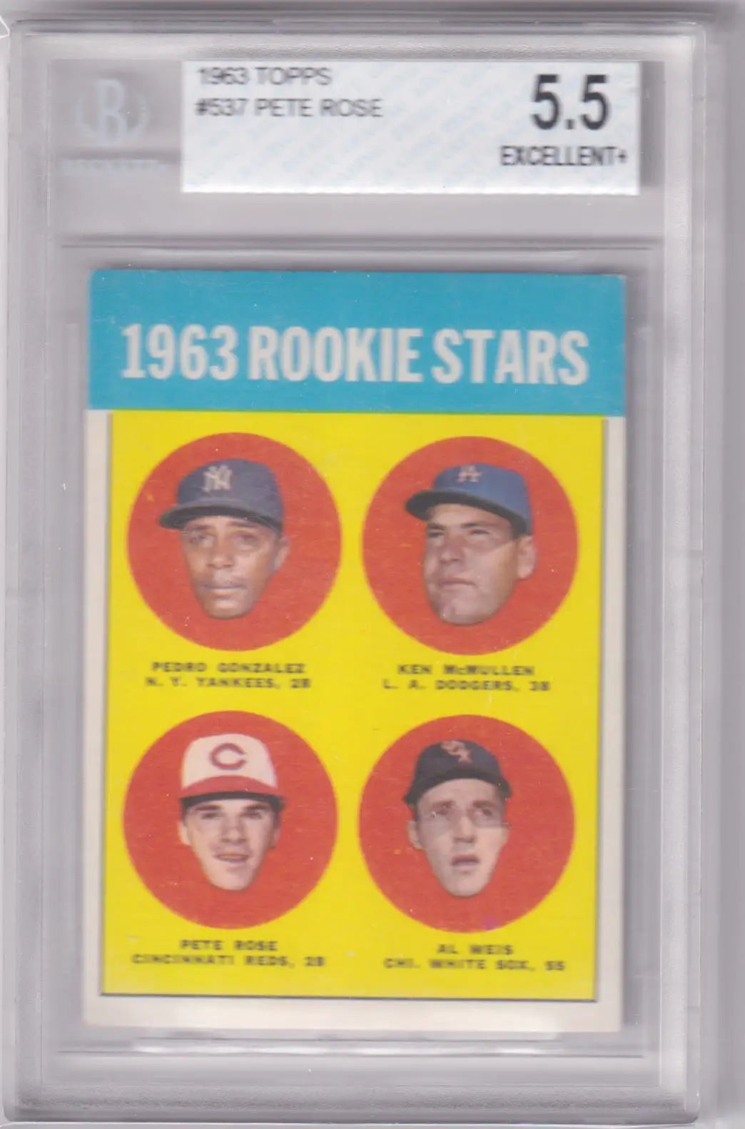 Graded 1963 Topps RC Rookie Pete Rose card with BGS/BVG 5.5 EX+ from Reds